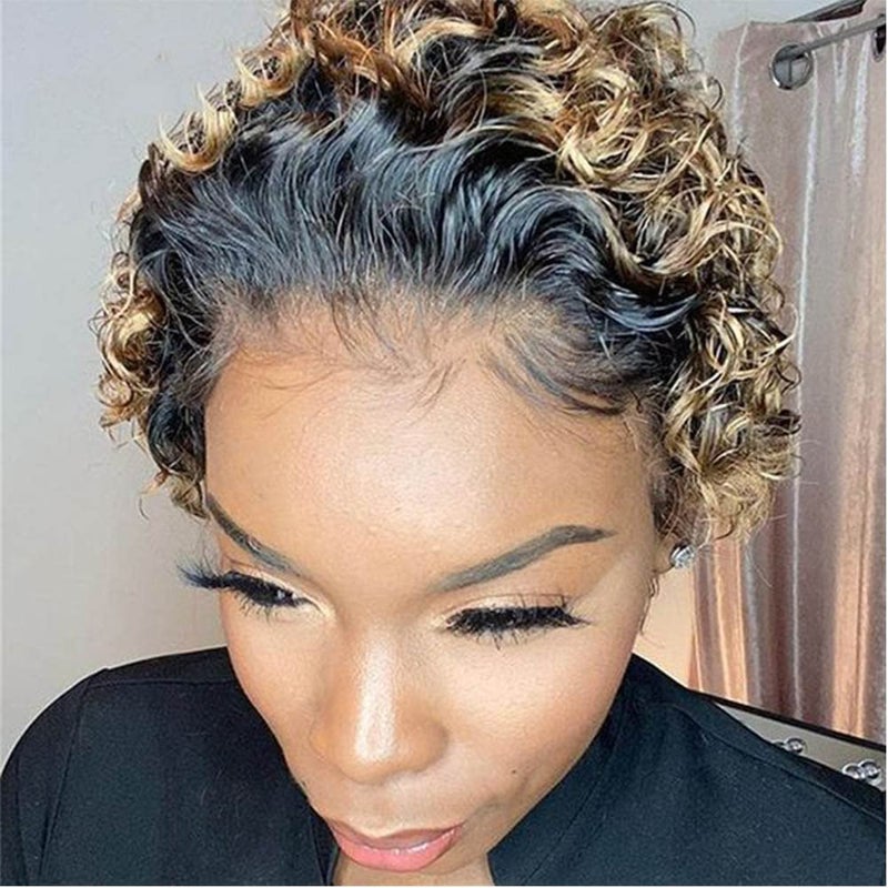 Ali Bling Blonde Pixie Cut Wig  13X1 Pixie Cut Lace Front Wigs  Short Curly Human Hair Wigs for Black Women  Pre Plucked Glueless Wigs  Ombre Brown Highlight Wigs